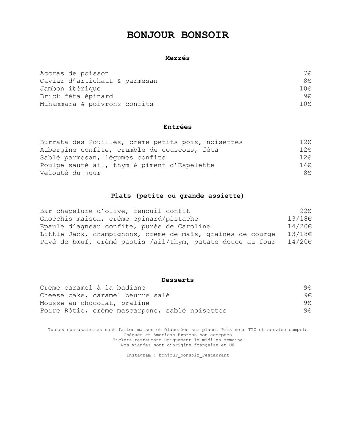 carte menu digitalisé Bonjour bonsoir